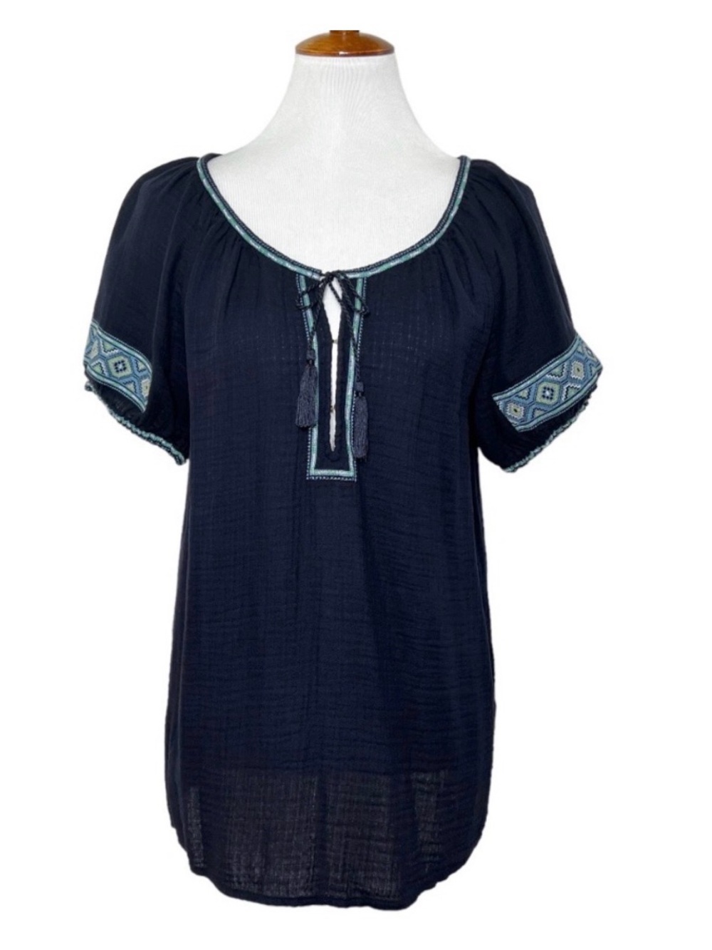 J.Crew embroidered navy blue short sleeve peasant top M